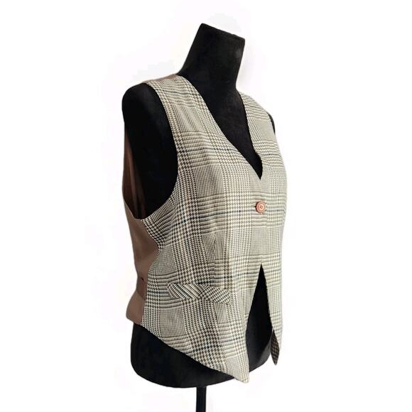 Vintage Stephanie Queller Houndstooth Plaid Beige Bown Black Vest Size 10 - Picture 2 of 8